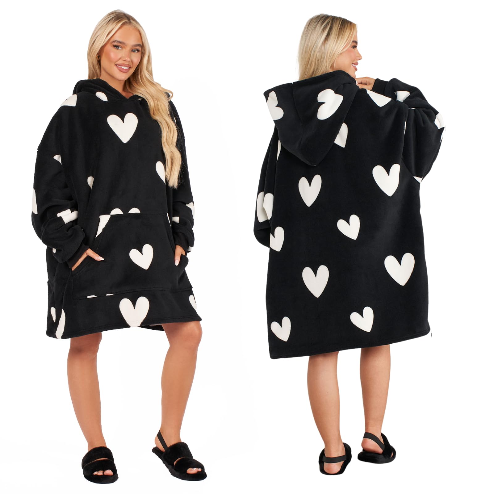 Heart Print Hoodie Blanket Sherpa Lined Fleece Womens Plush Oversized Giant Pull Over Soft Jumper Wearable Throw - Valentine Day Gifts