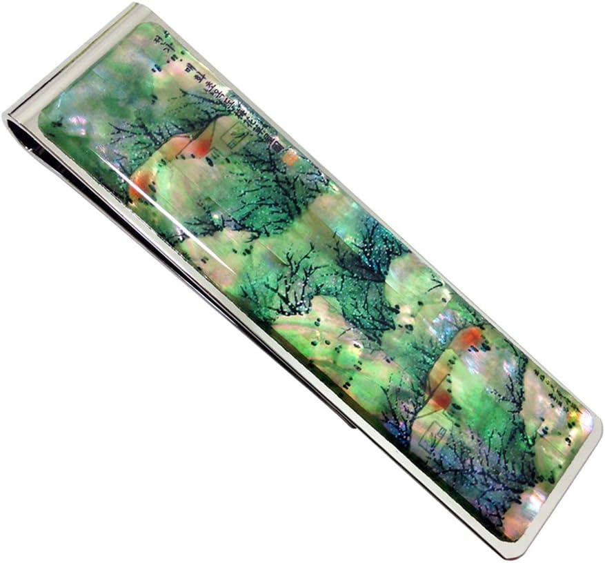 Mother of Pearl Apricot Flower House Painting Green Slim Stainless Steel Metal Money Clip Holder