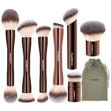 MAANGE 7pcs Makeup Brush Set Double Sided Kabuki Makeup Brushes Contour Brush for Foundation Liquid Powder Concealer Cream Cosmetics Bronzer Blending Blush Buffing Makeup Tools Coffee