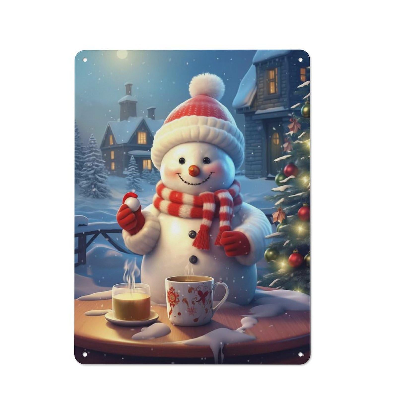 Junmoney Tea With Snowman Tin Wall Plaque 40X30cm With For Kitchen Or Home Bar, Suited To Kitchen Decor Lovers