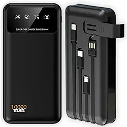 Carregador Portátil Power Bank Universal 10000mAh 4 Cabos Integrados Design Leve, Compacto e Ultra Rápido Com Entradas (Micro USB, USB-C e IOS) Led Com Indicador Bateria