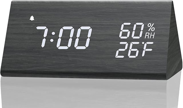 Digital Alarm Clock, with Wooden Electronic LED Time Display, 3 Alarm Settings, Humidity & Temperature Detect, Wood Made Electric Clocks for Bedroom, Bedside (Black)