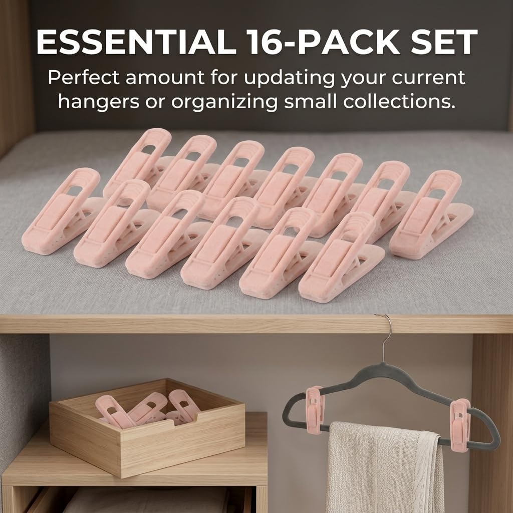 16 Pack Light Pink Velvet Hanger Clips for Clothes, Non Slip Clips for Velvet Hangers, Skirt and Pants Clips, Closet Organizer Clips for Scarves, Ties and Clothing Accessories
