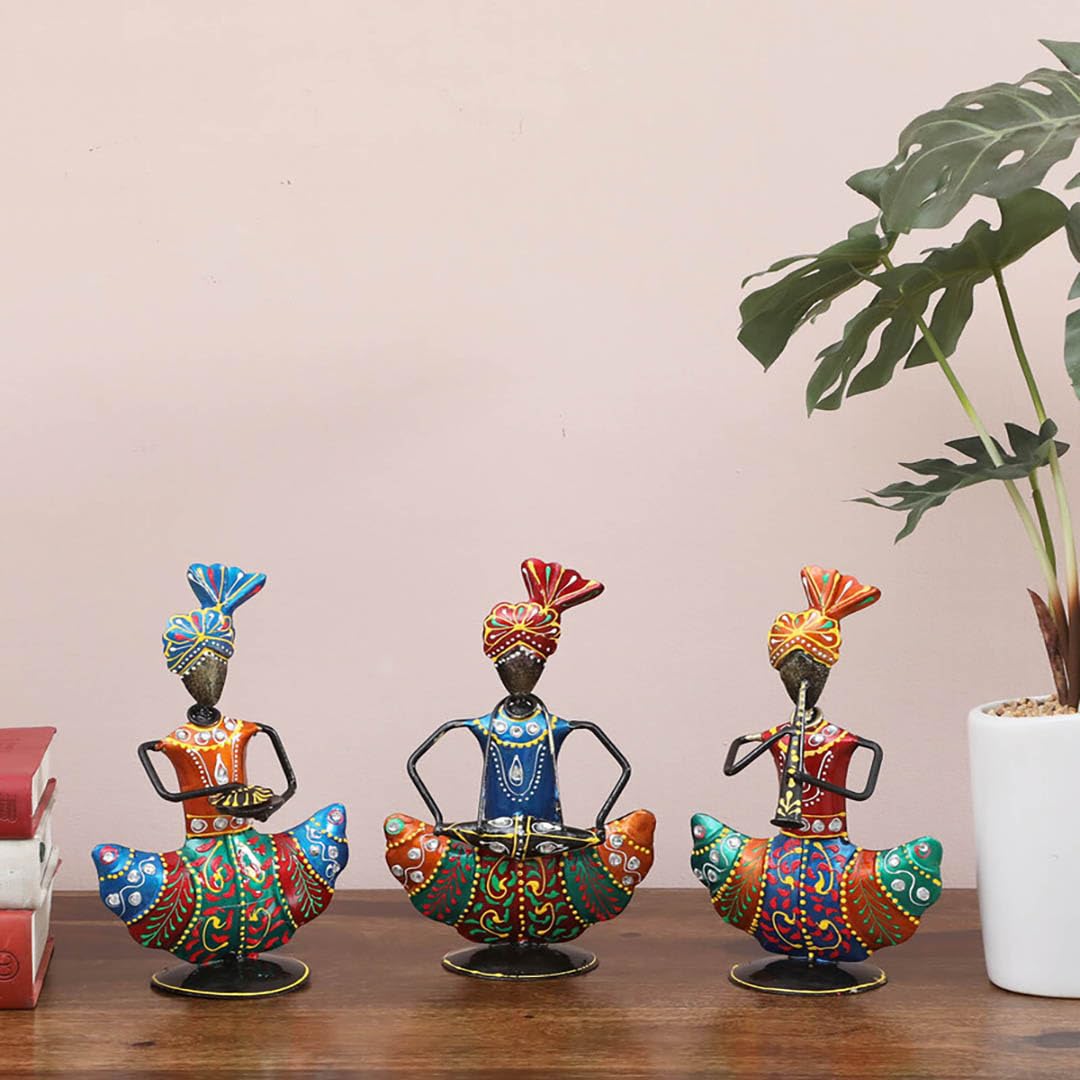 PD Enterprises Iron Multicolor Neno Sardar Musician Set of 3 Sculpture Handmade Showpiece Home Office Table Desk Décor Arts & Showcase Items for Home Decoration & Table Décor (5x4x10) Inch