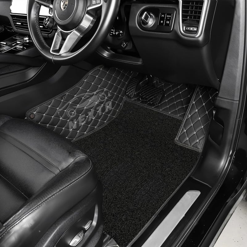 Image of NEXTA Premium Faux Leather 7D Car Floor Mats for MG Majestor - 7 Seater (All 3 Rows) || Luxury Leather with Grass Mat Complete Set || 100% Waterproof and Washable (Color Black & Silver)