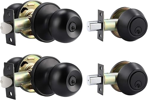 Brotima Juego de 2 cerraduras para puerta de entrada y cerrojo de un solo cilindro en acabado negro mate, cerradura de perilla exterior con llave