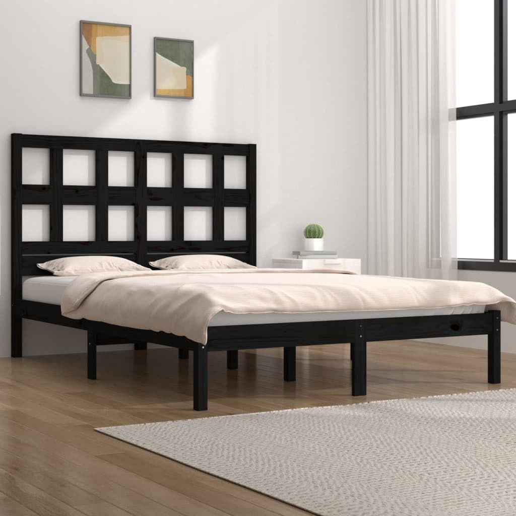 lite drewno sosnowe z zagłówkiem klasyczny czarny 140x190 cm | Rama łóżka sosnowa czarna 140x190 cm lite drewno z zagłówkiem do sypialni