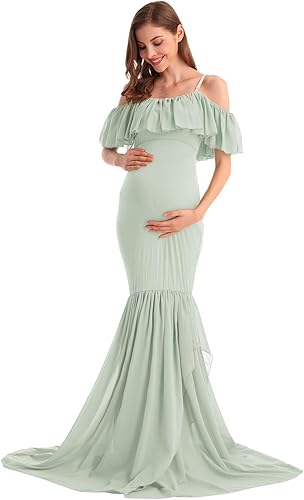 Miniatura 3 de MYRISAM Vestido de maternidad con volantes y hombros descubiertos de gasa en capas de sirena para fiesta de boda vestido ajustado