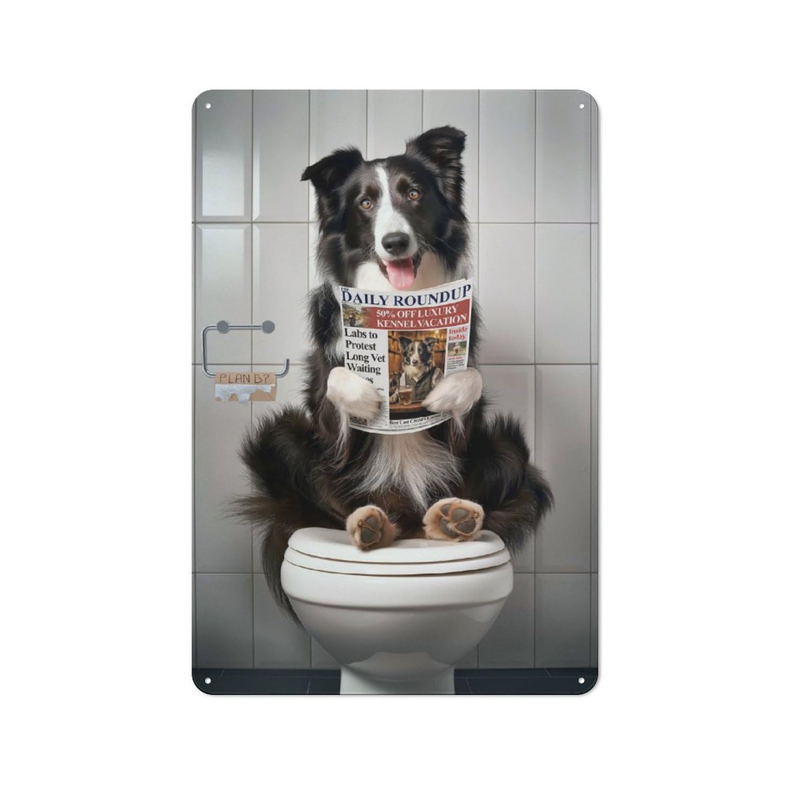 Junmoney Border Collie On Toilet Vintage Tin Sign 30X20cm With For Studio Or Craft Room, For Garage, Workshop And Man Cave Decoration