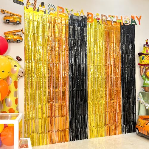 Image of 4 Pack Construction Foil Fringe Curtain-13.2x6.6ft Yellow Orange Black Tinsel Backdrop, Construction Theme Party Supplies for Car, Truck, Caution Tape, Boy Birthday Decoration, Baby Shower