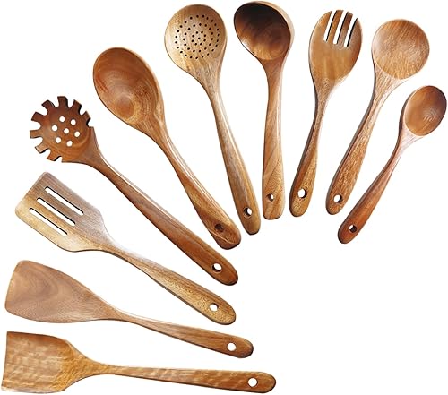 Miniatura 1 de GEEKHOM Juego de utensilios de madera, 10 espátulas de cocina para utensilios de cocina antiadherentes, espátula natural, cucharón para cocinar,