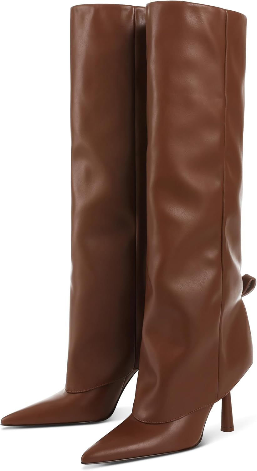 Oiamenne Knee High Boots Women's Fold Over Boots Pointed Toe Stiletto Heel Tall Boots Slip On Sexy Long Boots Fashion Dress Boots for Women