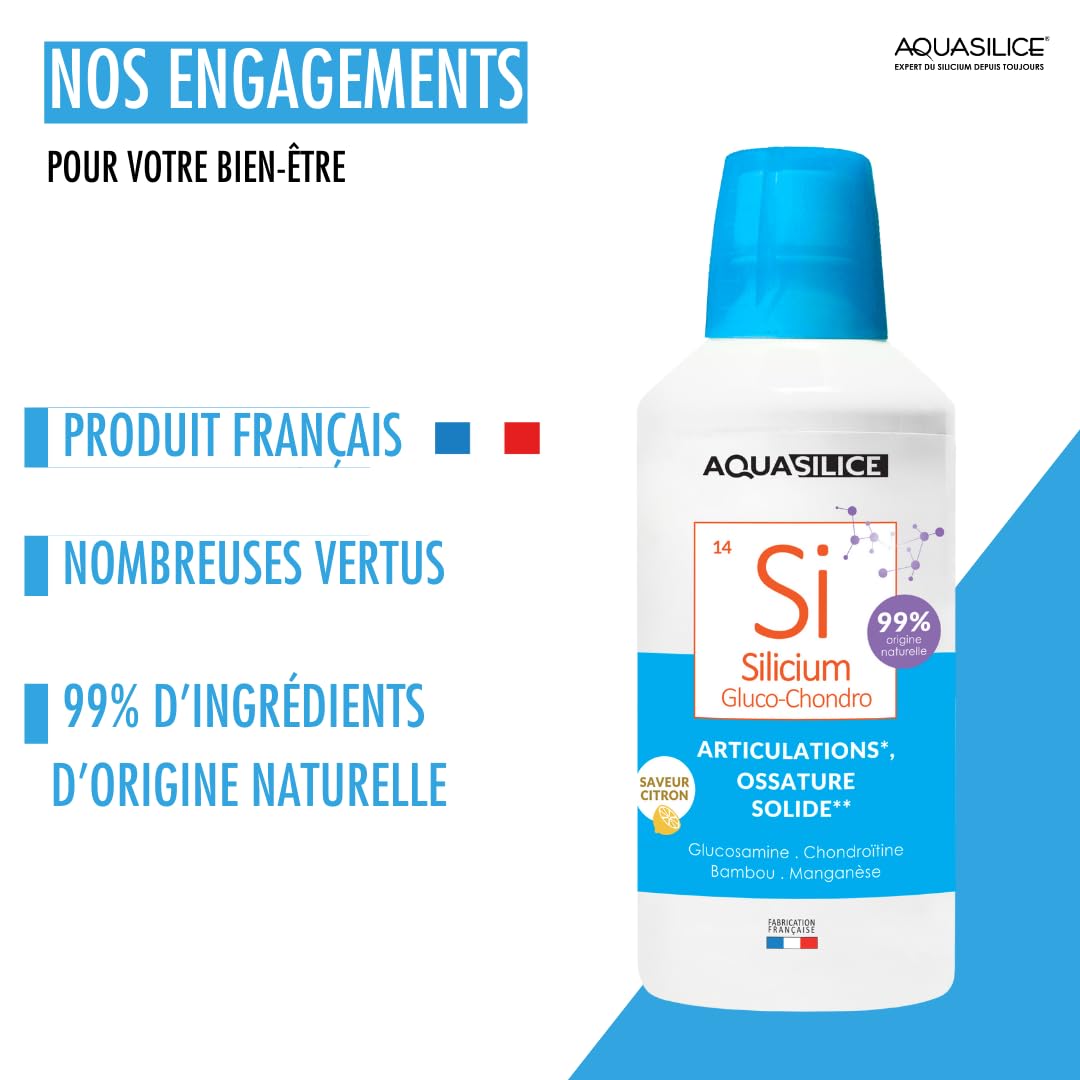 Silicium Glucosamine Chondroïtine - Solution buvable 1L - Enrichi en Bambou & Manganèse - Nettoyage de l'Organisme - Maintien d'une Ossature Solide - Fabriqué en France - Aquasilice