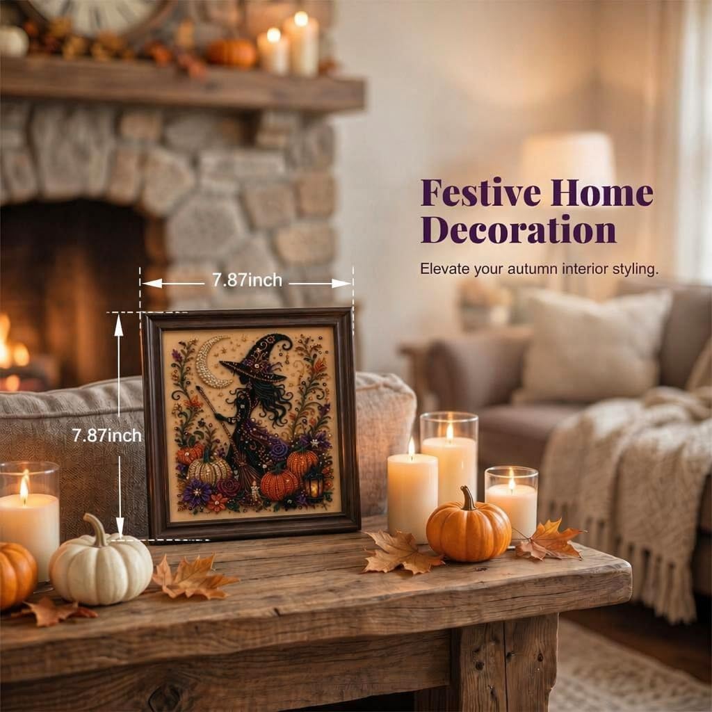 Halloween Witch Pearl Diamond Art Kits for Adults with Frame (10x10in)