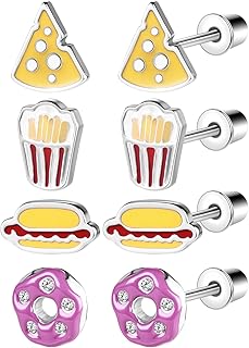 4 Pairs Hypoallergenic Screw Back Earrings for Women Surgical Steel Cute Fruit, Hamburgers, French fries, Cake Tiny Screwback Stud Earring