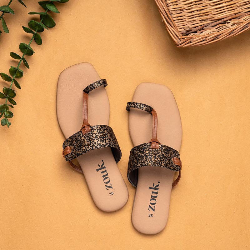 Image of ZOUK Womens Charminar Jaali Women's Chappals Black and Golden Flat Sandal