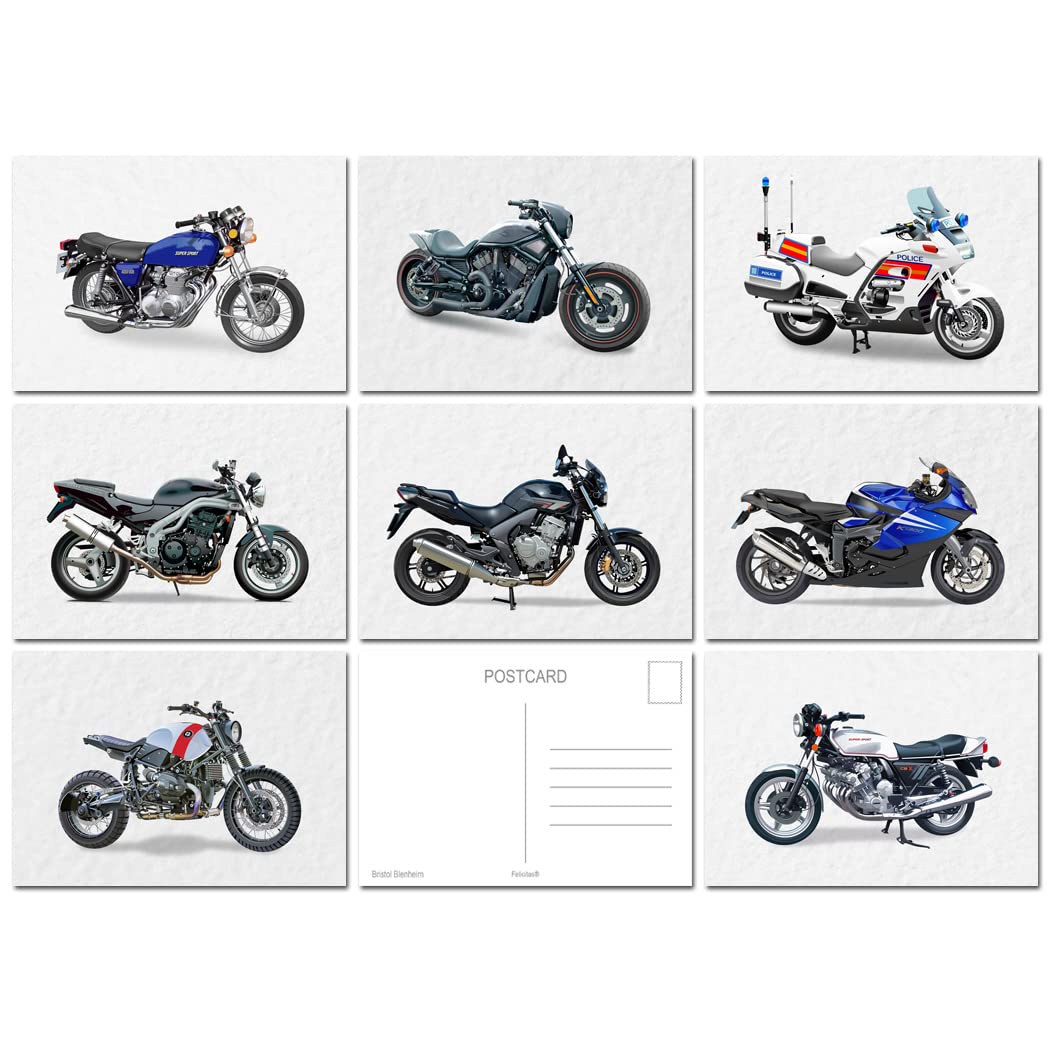 Confezione da 8 cartoline per moto, stile moderno, stile classico, dal 1976 al 2017, formato A6, per motociclisti, stile moderno, stile retrò, accattivante, ecologico, in esclusiva per Felicitas