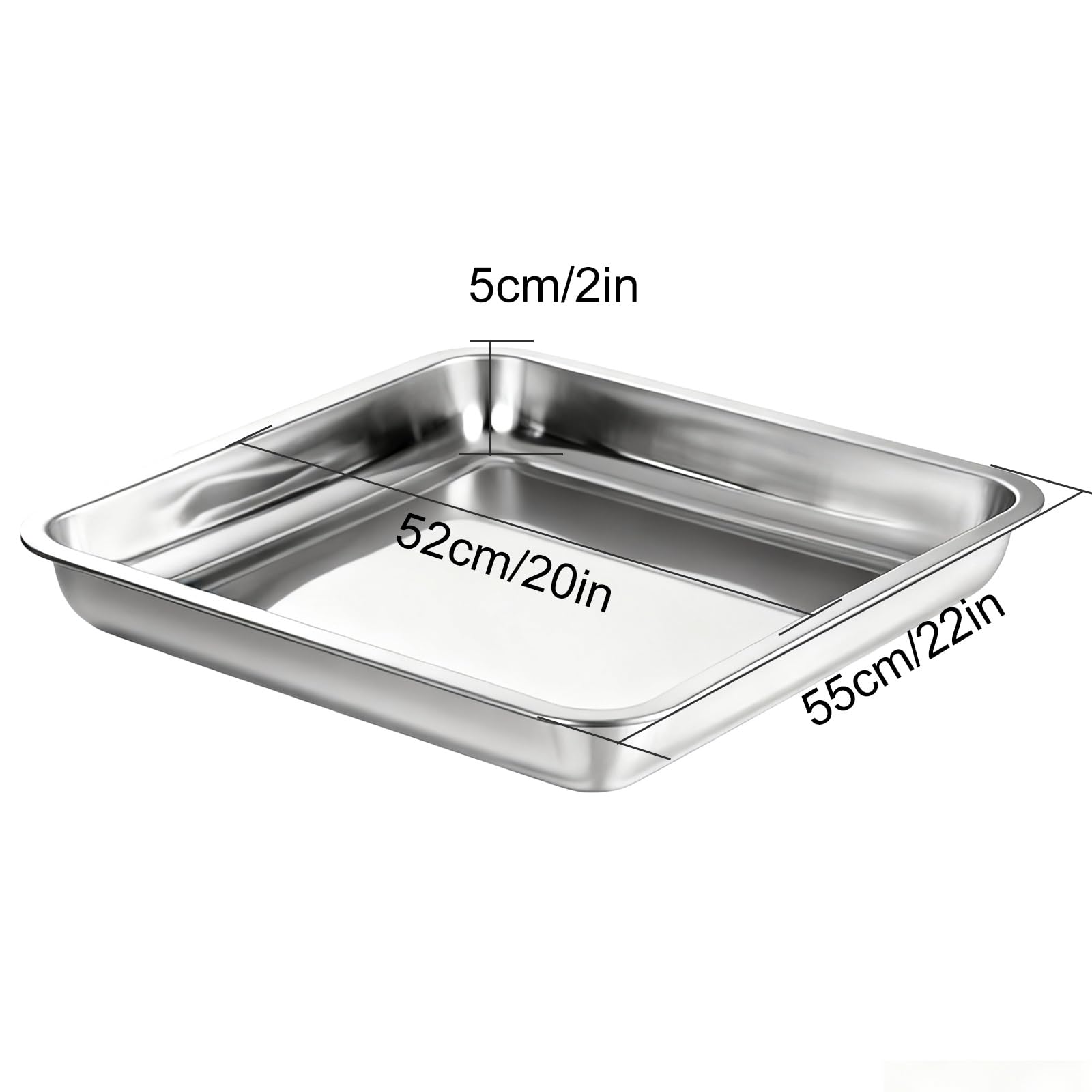 Bandeja de acero inoxidable para alimentos, recogedor de aceite grueso y reutilizable, bandeja multiusos para servir para el hogar (55 x 55 x 5 cm), diseño rectangular duradero