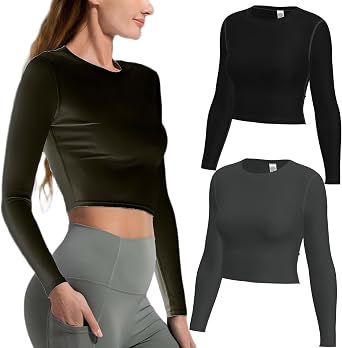 LANBAOSI 2 Pack Womens Workout Tops Long Sleeve Set High Waisted Compression Athletic Shirts Moisture Wicking Pack