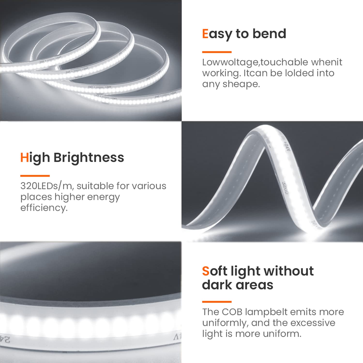 HEGEHE COB LED Strip Light 10M/32.8FT, DC24V 320LEDS/m Super Bright Flexible LED Strip Daylight White 6500K COB Tape Lights Waterproof IP68 LED Band for Aquarium, Swimming Pool, Cabinet Lighting