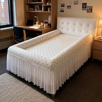 Bordered Bed Sheet Non-Slip Fitted Mattress Topper with Raised Edge Design, Deep Pocket Bed Sheet with Borders with Skirt, Soft Cocoon-Like Enclosure, Breathable Wrinkle-Free,Blue,5375in