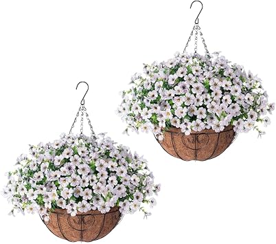 Artificial Hanging Flowers in Coconut Lining Basket,2 Pack 45cm Faux Silk Violet Flowers with Hanging Planters for Spring Summer Outdoor Decoration,UV Resistant,Easy to Assembly white