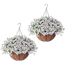 Artificial Hanging Flowers in Coconut Lining Basket,2 Pack 45cm Faux Silk Violet Flowers with Hanging Planters for Spring Summer Outdoor Decoration,UV Resistant,Easy to Assembly white