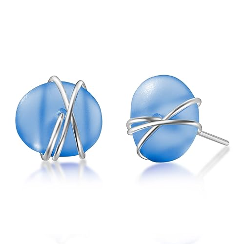 Miniatura 20 de Sea Glass Earrings S990 Sterling Silver Hypoallergenic Handmade Stud Post Earrings Beach Glass Fashion Statement Handcraft Jewelry for Women Girls