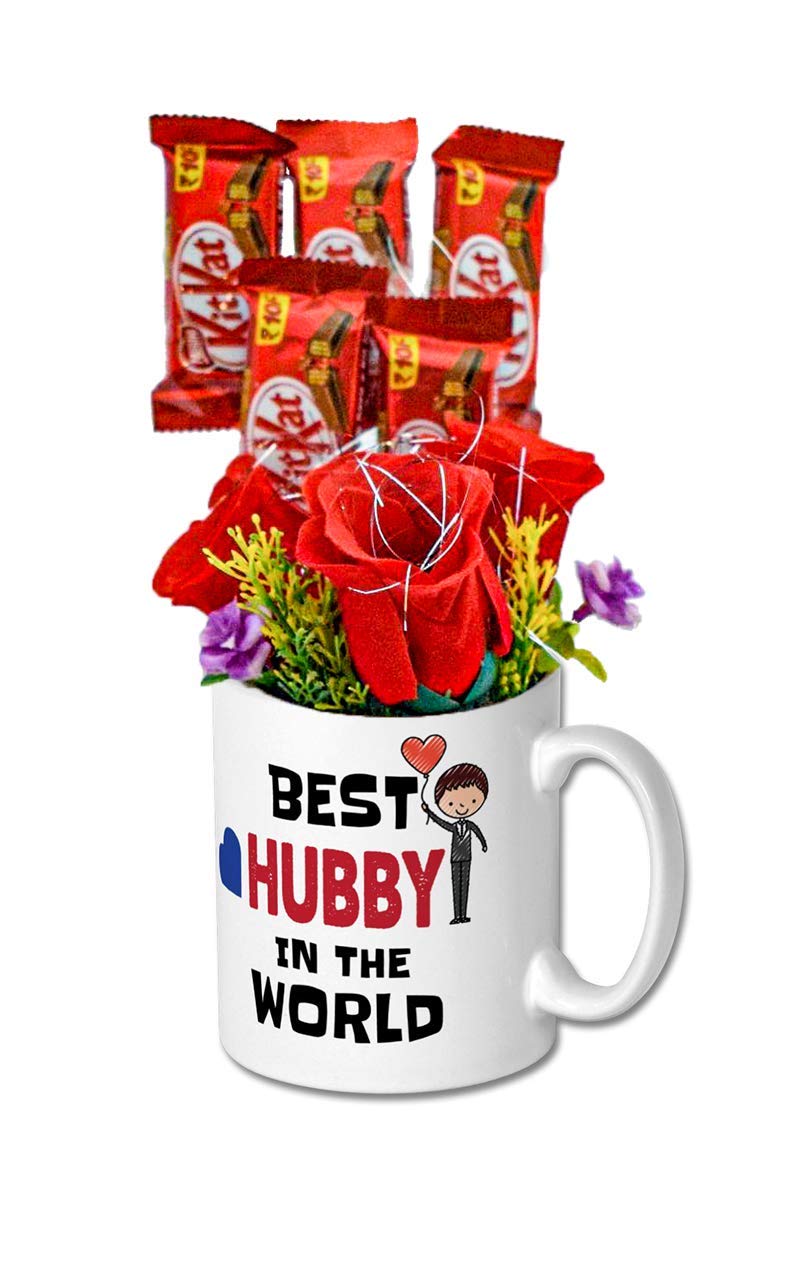 Holy Krishna - Best Hubby in The World Mug with 5 KitKat Chocolates with Artificial Roses with Customized Message Card & Laxmi ATM Card 1