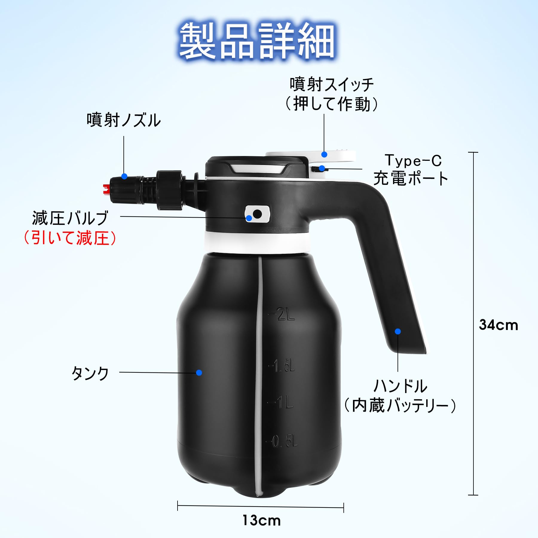 Amazon.co.jp: 電動フォームガン 洗車 充電式 2L 蓄圧式 加圧式 泡洗車