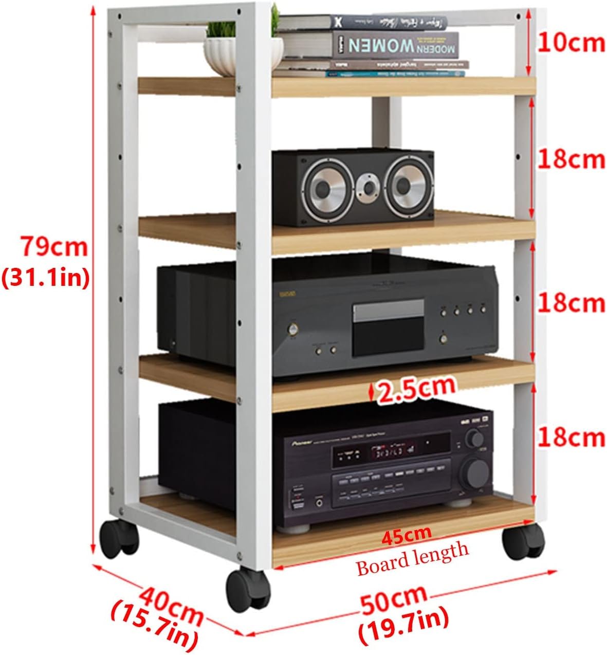 SOBS 4 Tier Movable Audio Stand Media Player Stand Adjustable Open Storage Rack Floor-Standing Multi-Function Shelf Cabinet for Home/Office/Audio Video/DJ/Theater (Color : C, Size : 50x40x79cm)