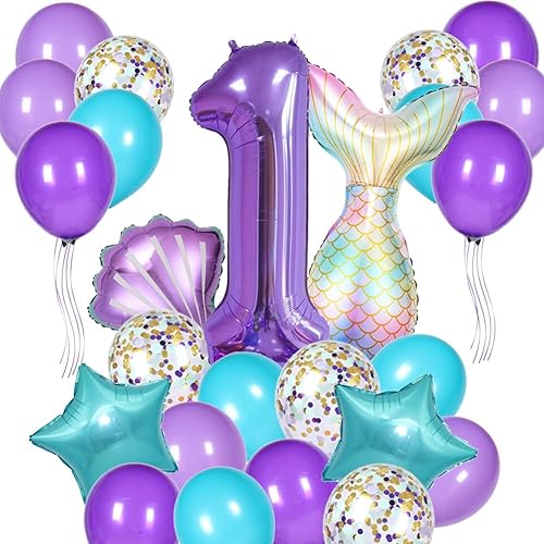 Miniatura 9 de Decoraciones de cumpleaños de sirena juego de 25 piezas de suministros de fiesta con cola de sirena, concha, estrella, globos de látex y globo del
