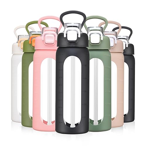 Miniatura 7 de Botella de agua de vidrio de 20 onzas con popote, botella de agua reutilizable con funda de silicona antideslizante, boca ancha a prueba de fugas