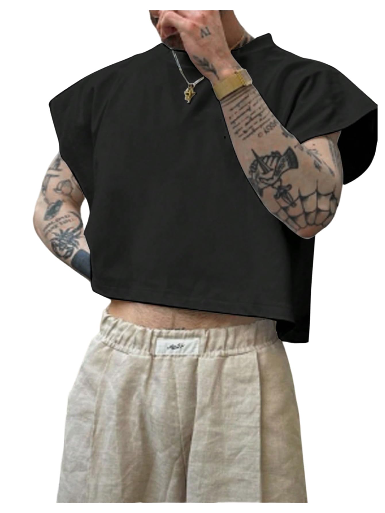 GORGLITTER Men's Cap Sleeve Cropped Tee Top Unisex Crew Neck Dolman Sleeve Oversized T Shirt