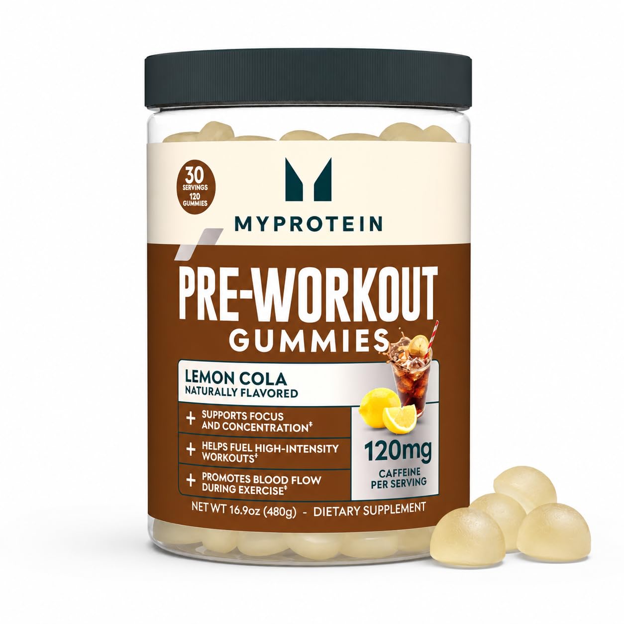Myprotein Pre-Workout Gummies, Lemon Cola, 120mg Caffeine, 120 Count Lemon Cola 120 Count (Pack of 1)