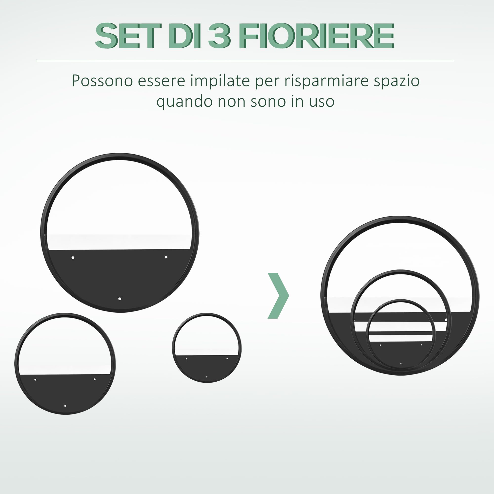 Outsunny Fioriere da Balcone Set 3 Pezzi in Acciaio e Acrilico con Montaggio a Parete per Interni ed Esterni, Ф30.5x5/Ф20.5x5/Ф15.5x5 cm, Nero