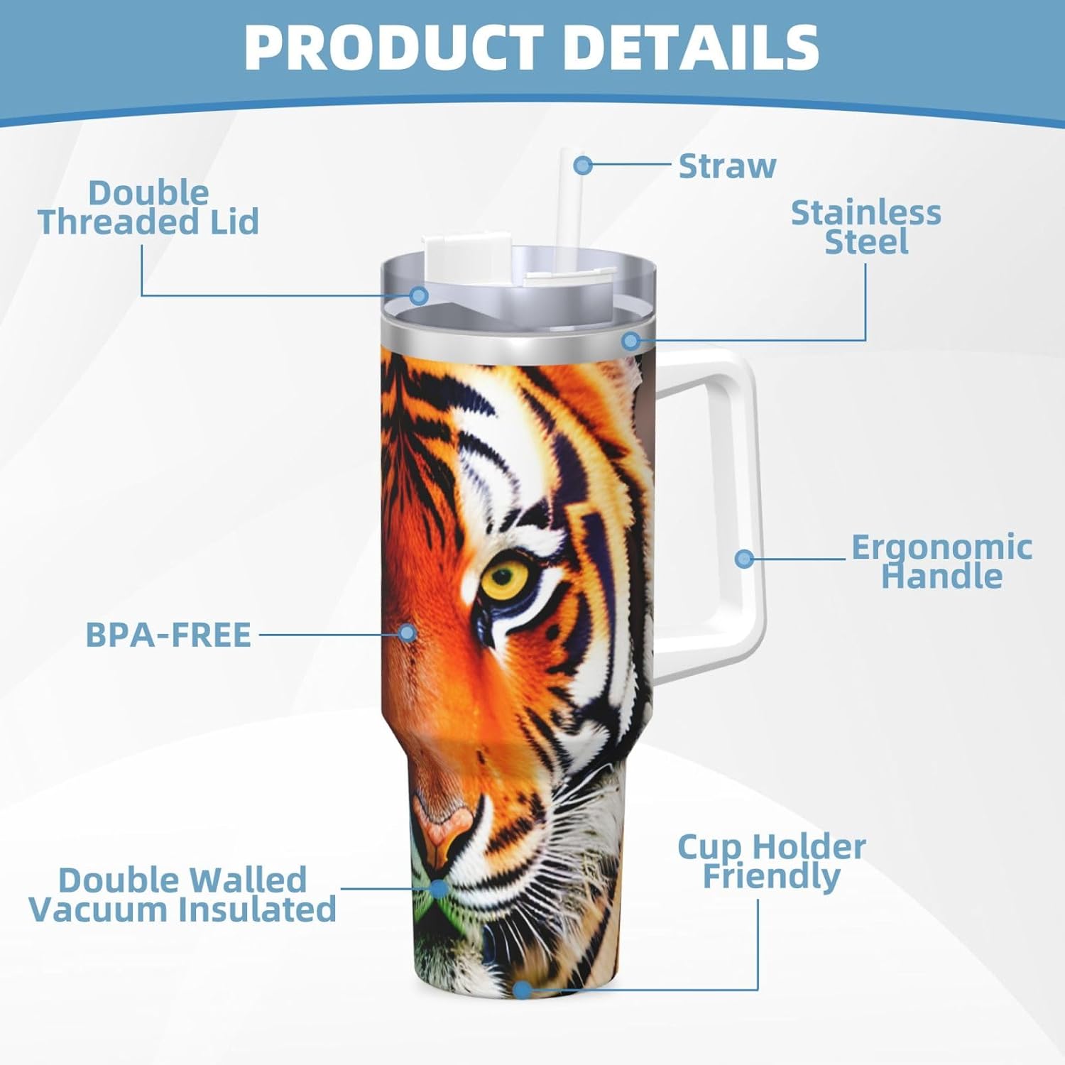 40 OZ Tiger Stripes Orange Pattern Print Ice Bully Cup with Handle Straw Lid Straw,Stainless Steel Tumbler Coffee Cup