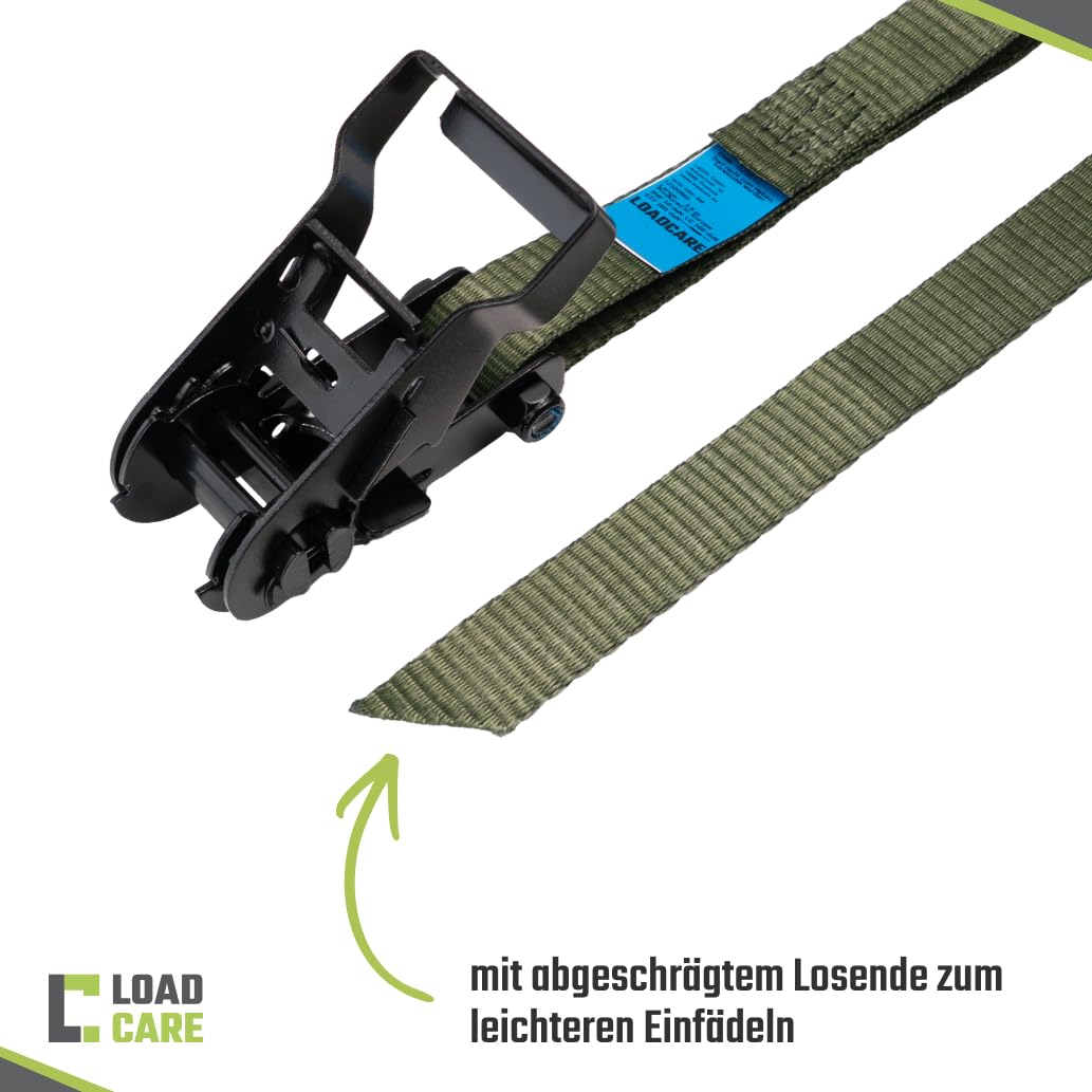 Set di 2 cinghie di ancoraggio a cricchetto per binari aerei, 25 mm, LC 500 daN, STF 200 daN, cricchetto nero di alta qualità, raccordi terminali per binario aereo, estremità smussata (2