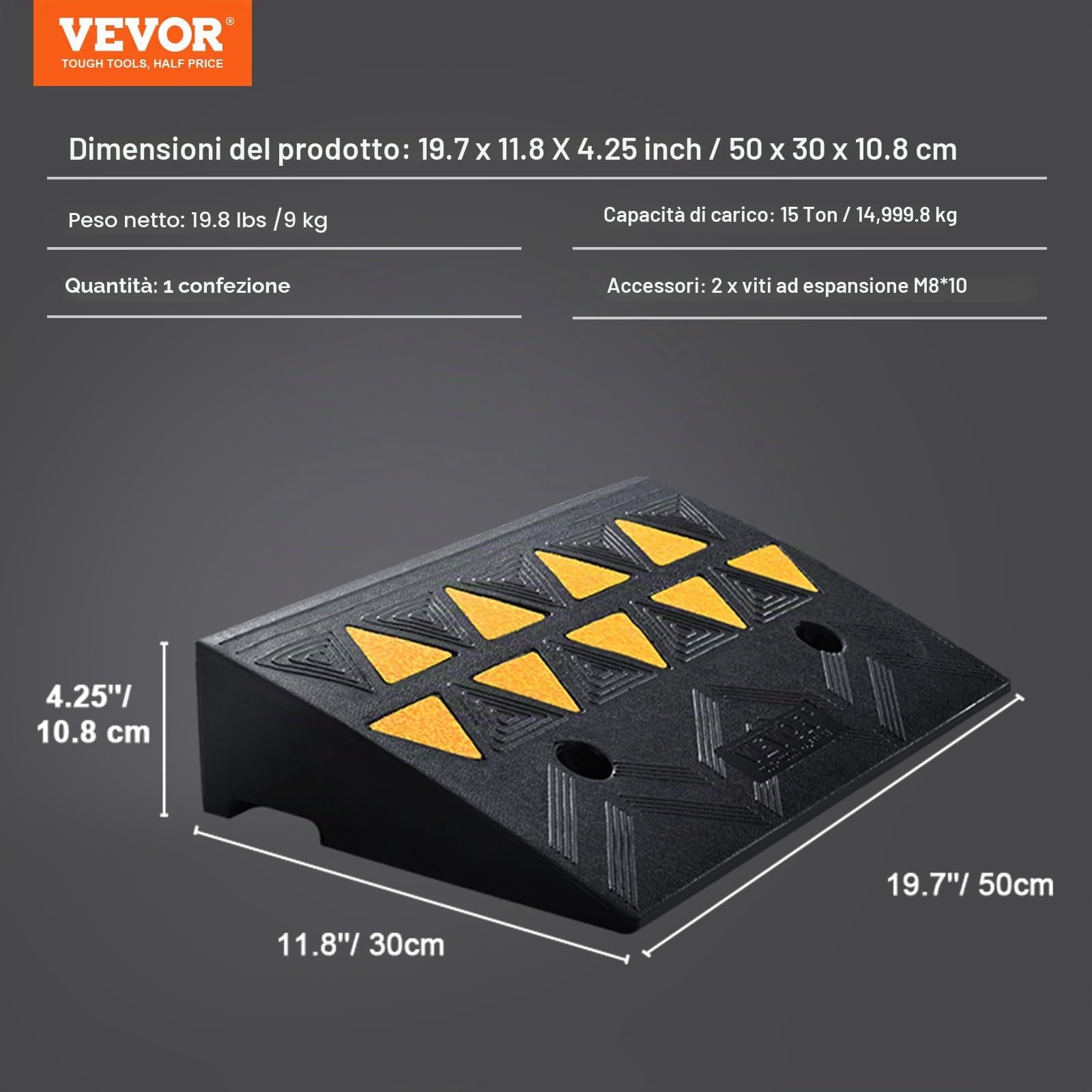 VEVOR Rampa per Soglia in Gomma capacità Carico Max. 15 Tonnellate, Rampa per Soglia Superficie Antiscivolo Buchi per Drenaggio alla Base, Rampa Soglia Antiscivolo per Salita Facile 50 x 30 x 10,8 cm