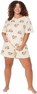 ترنديول طقم بيجامة محبوكة من القطن بطبعة تيدي بير للنساء مقاس كبير TBBSS23AI00022 (عبوة من قطعة واحدة)