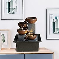 SAUHOHLE 4-Tier Tabletop Water Fountain with Warm LED Lights & 3-Level Adjustable Pump - Brown Indoor Relaxation Waterfall for Home Office