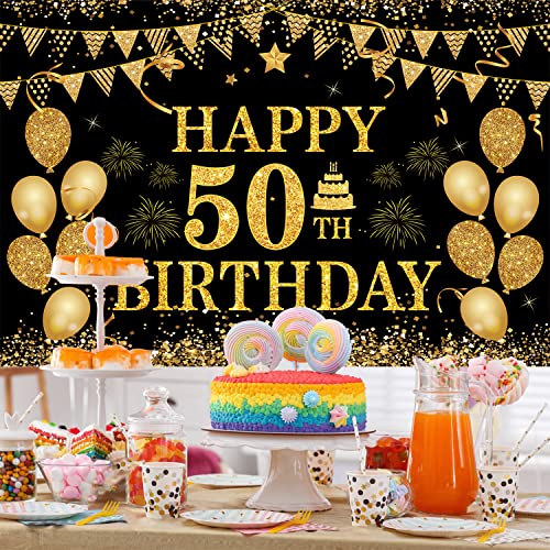 Image of 50th Birthday Decorations for Men Women - Happy 50th Birthday Banner Party Decorations Black Gold 50 Years Birthday Party Suppiles Background for Home Outdoor Birthday Decor(71 x 45 inch)