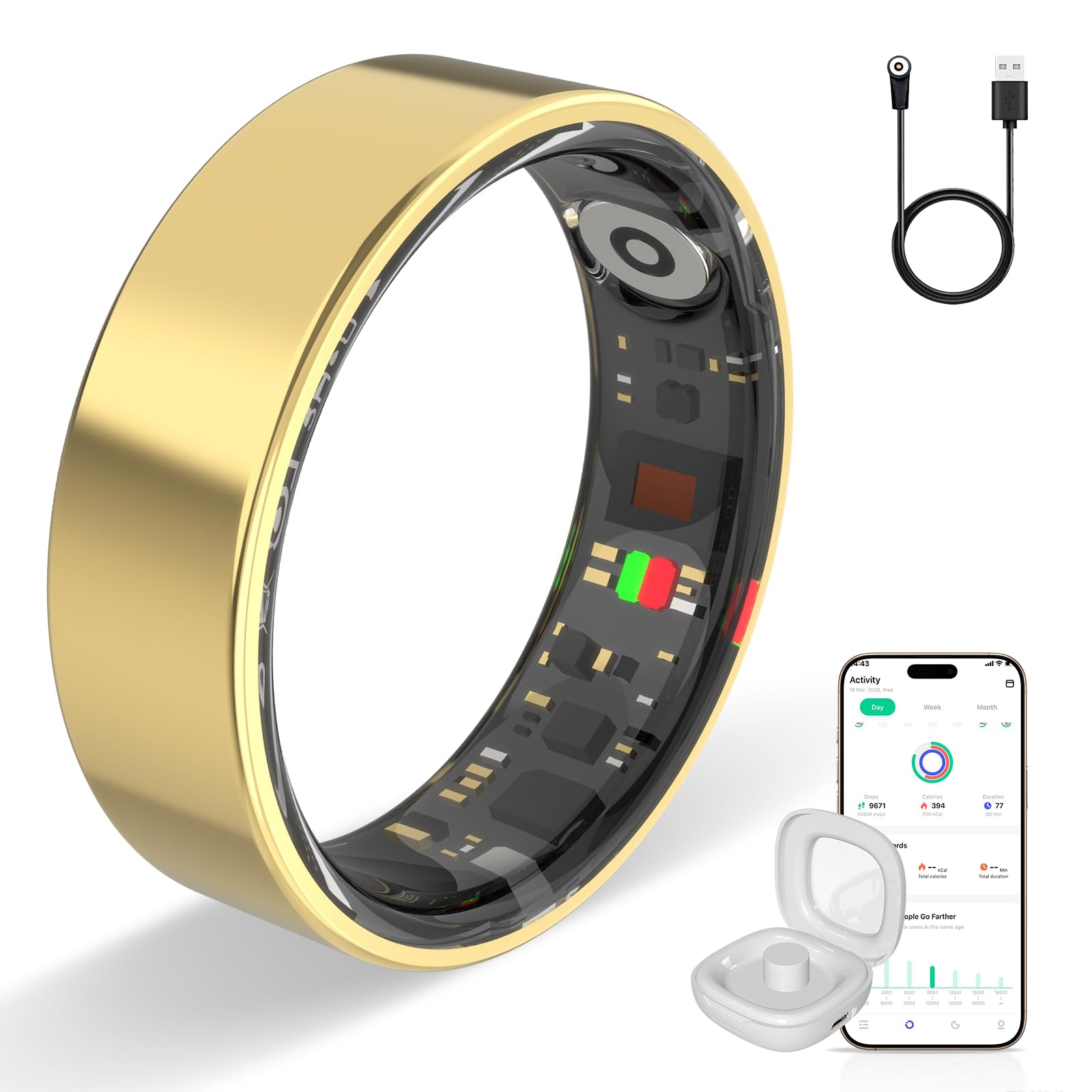 anello intelligente per attività fisica con frequenza cardiaca, ossigeno nel sangue, stress, monitoraggio del sonno, monitoraggio dei passi, impermeabile fino a 10 ATM (oro rosa, 13)