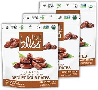 Fruit Bliss Deglet Nour Pitted Dates – Soft & Juicy Organic, Dried & Pitted Deglet Nour Dates - Organic Fruit Snacks, Dried Fruit Snacks Resealable Pouches, Gluten-Free Vegan Snacks (3 Pack 5oz Each)