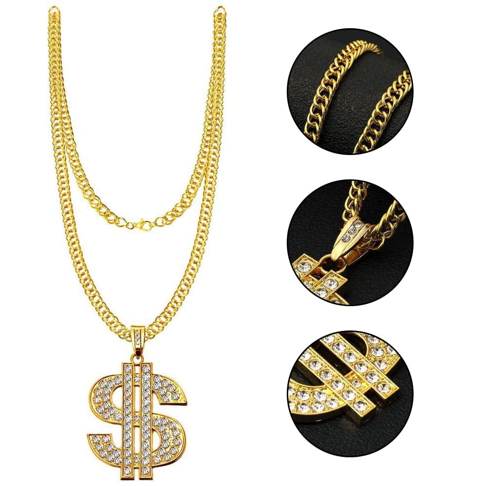 Zestaw kostiumowy hip-hopowy w stylu lat 80., złoty dolar, łańcuszek i złota bransoletka, pierścień, okulary, osobowość, hip-hop, kostium dla mężczyzn, lat 80-tych, 90., kostium rapera, na