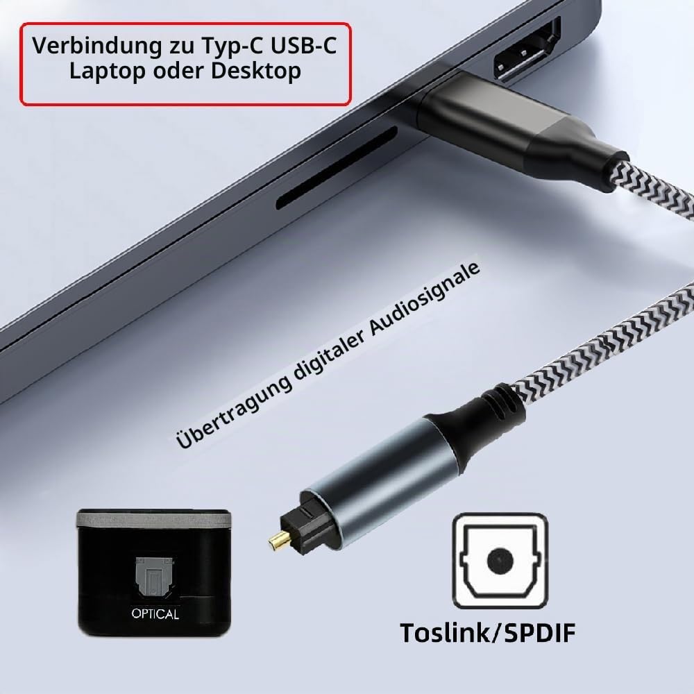 xiwai USB-C auf SPDIF Toslink Optisches Audiokabel Opt-Stecker Typ-C auf Digital Fiber Optic Sound Interface Stecker Adapterkabel für Desktop-Laptop 180 cm