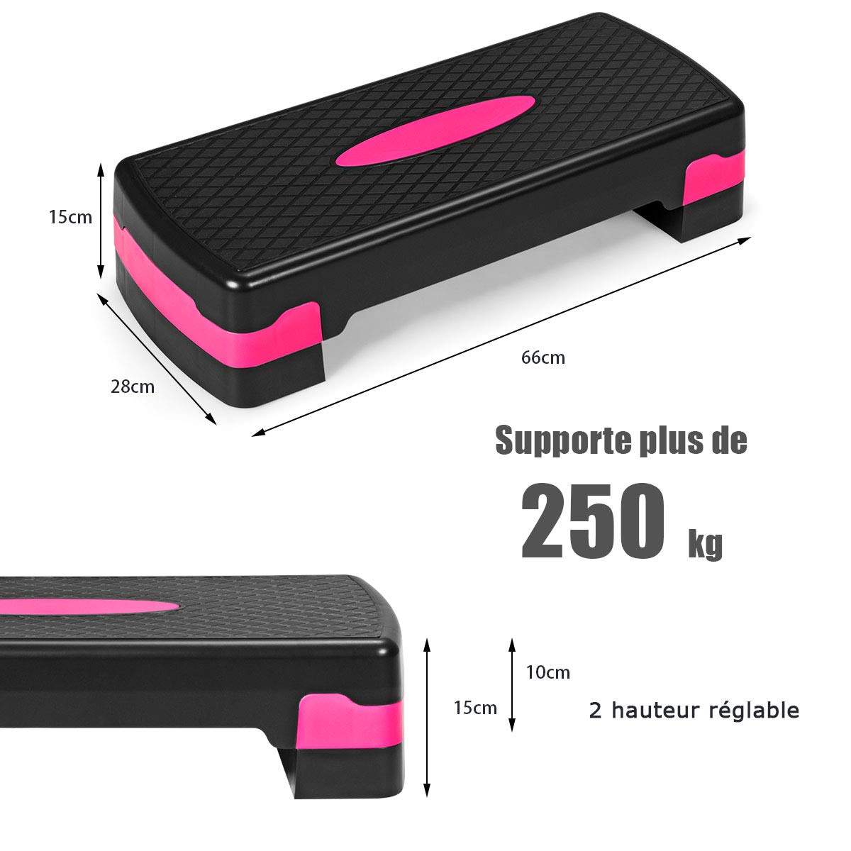 COSTWAY Aérobic Step Fitness Réglable en Hauteur 2 Niveaux 10/15CM avec Surface Antidérapant Capacité de Poids 250KG pour Maison/Gym Exercice/Bureau