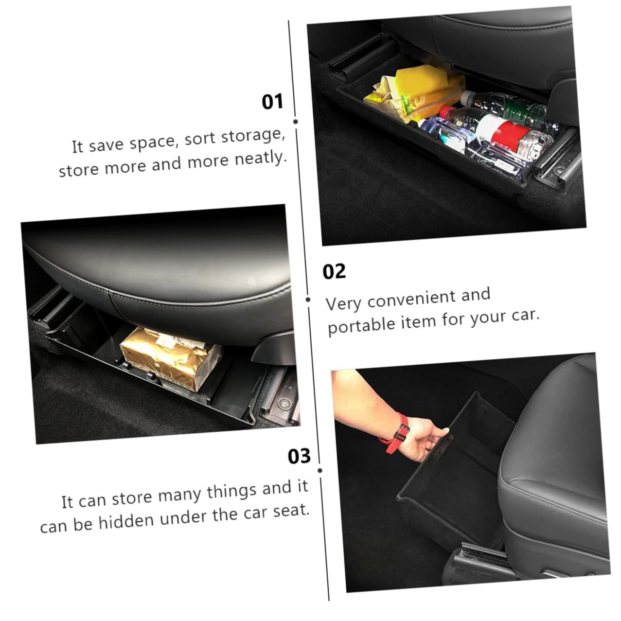 Boîte de Rangement pour Véhicule Noire en Abs Doublure en Flocage, Organisateur Automatique sous Siège pour Voiture, Empêche les Objets de Glisser Style Aléatoire