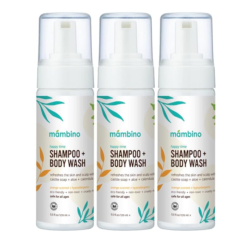 Mambino Organics Happy Time Shampoo e Sabonete Líquido Corporal Infantil com Calêndula e Laranja, 3 unidades de 163 mL