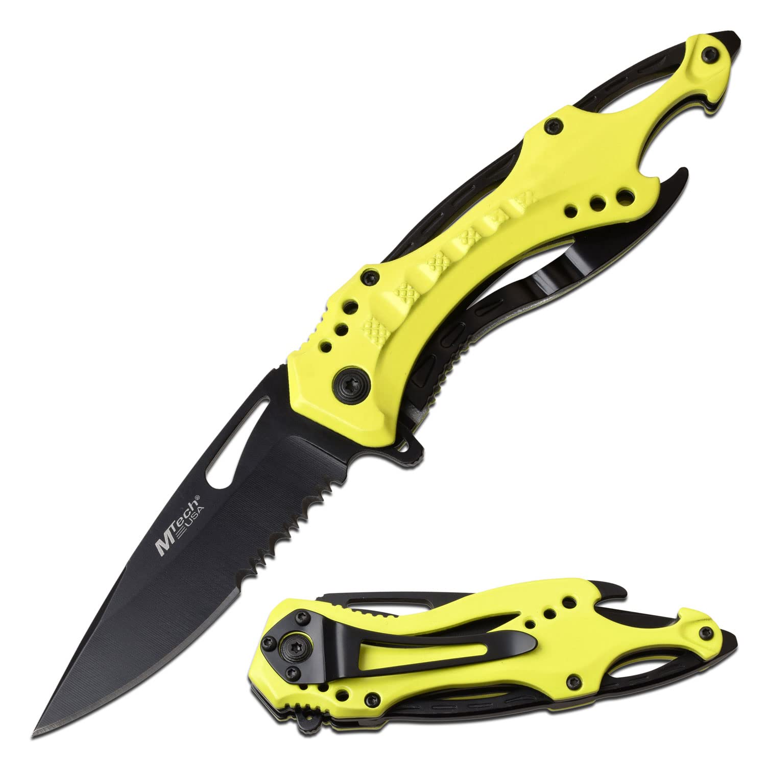MTECH USA Folding Knife, 3.75-Inch Half-Serrated Blade, Titanium Coating, Glass Breaker, Pocket Clip